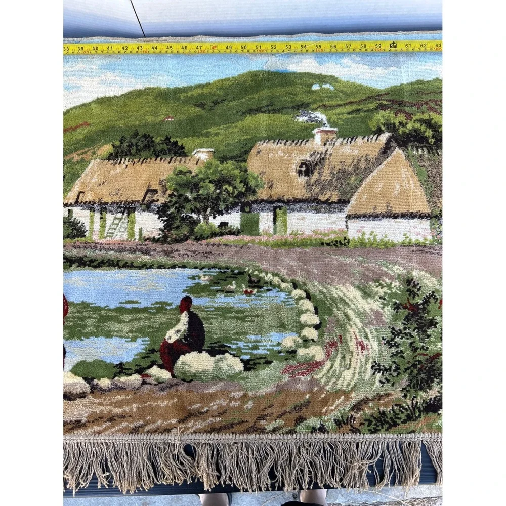 Vintage Scenic Tapestry Wall Hanging Cows River‎ Thatch Roof Cottages Fringe